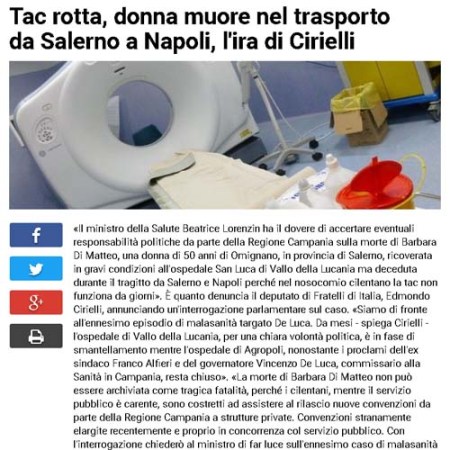 TAC non funziona in Cilento, donna muore durante il trasporto a Napoli