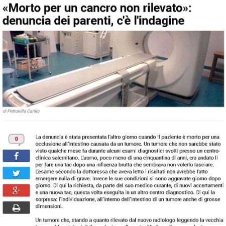 Morto a Salerno per mancata diagnosi di tumore intestinale